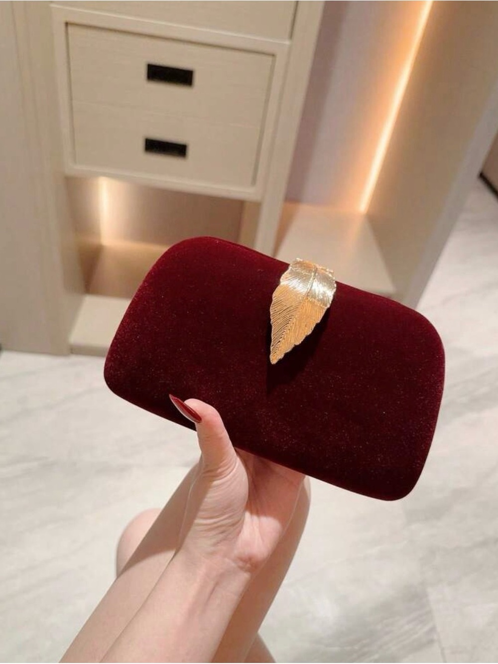 Elegant Burgundy Velvet Clutch with Gold Leaf Accent - NWT